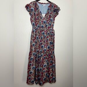 NWT OMIKA Billie ruffle sleeve midi everly currant print dress S